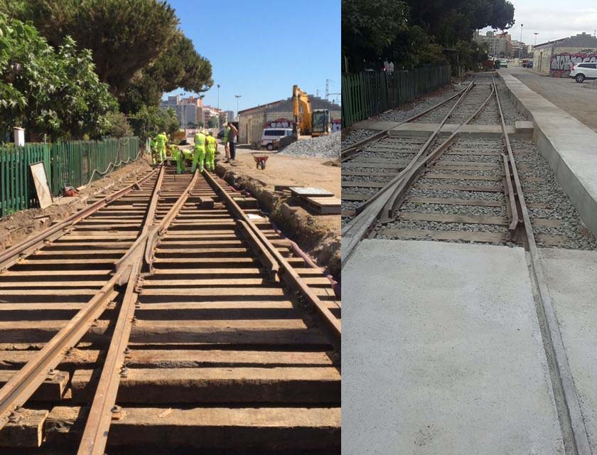 Antes y después hormigonado vías de servicio en Estación de RENFE de Mataró